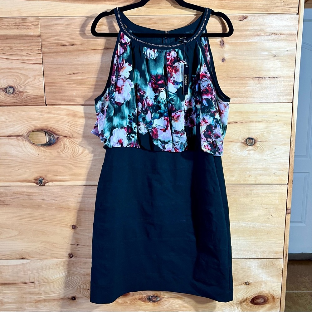 NWT Nicole by Nicole Miller Black & Floral Midi Dress Beaded Neck Fitted Skirt